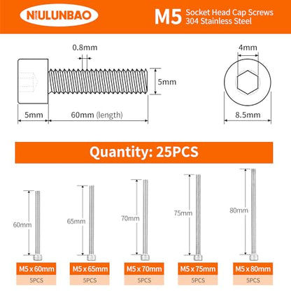 M5 x 60mm 65mm 70mm 75mm 80mm Hex Socket Head Cap Screws Bolts 304 Stainless Steel Allen Hex Drive Metric Machine, Fully Threaded, Assortment Kit 25PCS - size: M5 x 60/65/70/75/80mm (25PCS)