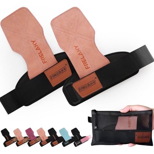 Frelaxy Lifting Wrist Straps for Women and Men, Weight Lifting Grips | Double-layer leather, Cushioned wrist support, Durable construction, Storage pouch, Deadlifts, rows, lat pulldowns - color: Pink/Black