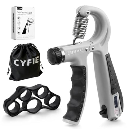 CYFIE Grip Strength Trainer Kit, Adjustable 10-132 lb, Hand Exerciser | Forearm Strengthener, Finger Stretcher, Stress Ball and Bag for Grip Recovery, Wrist Training, Rehab, Climbers and Musicians - color: Gray