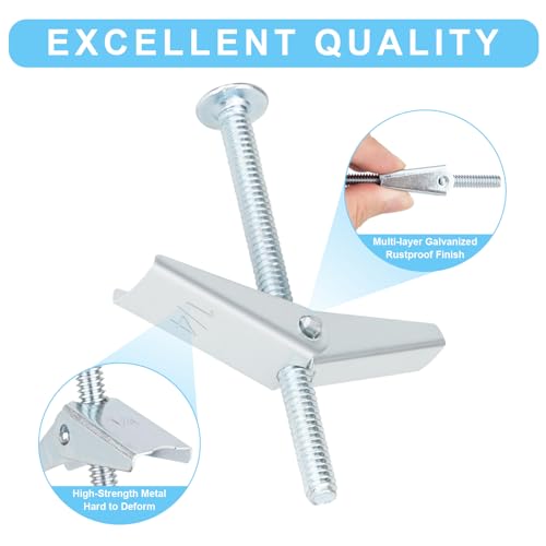 50 Pcs 1/8 Inch Heavy Duty Metal Drywall Anchors Kit | Toggle Bolts and Wing Nuts Set for Hanging Lamps Heavy Items, Butterfly Anchors for Ceiling, Sheetrock, Hollow Wall - size: 1/8"-100pcs(50sets)