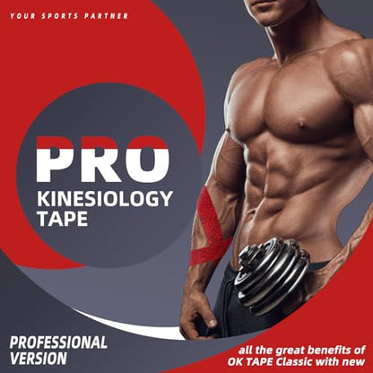 OK TAPE PRO Kinesiology Tape Uncut Roll, Elastic Physical Therapy Athletic Tape for Pain Relief, Muscle Support, Kinetic Tape, Water Resistant, 2in X 16.4ft -Red | 2 Inch Athletic Tape for Pain Relief, Muscle Support, Kinetic Tape, Water Resistant, 16.4Fe