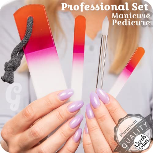 Genuine Czech Glass Nail File Set - Callus Remover Foot Rasp, Cuticle Pusher Manicure Stick, Double Sided Etched Different Grit Surface, Professional Nail Care Tool, Made in EU - color: All-in-one Set - Orange Magenta