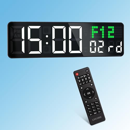 LUCORB 12'' Gym Clock, Interval Workout Digital Wall Clock with Seconds Date for Home Gym, 5 Display Modes | Remote Countdown Timer, Stopwatch | 4 Alarms fit Classroom Living Room Office