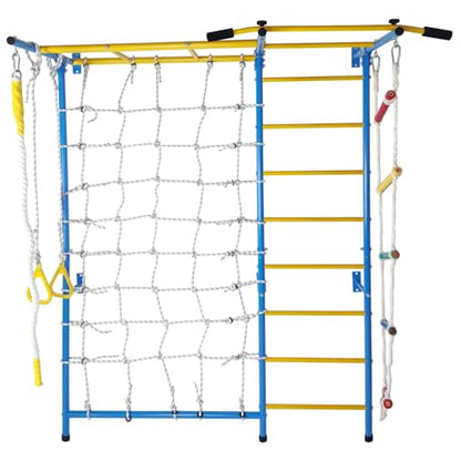 Wall-Mounted Indoor Fitness Station with Pull-Up Bar, Rope Ladder, Monkey Bars, Climbing Wall, Gymnastic Rings and Wall Ladder