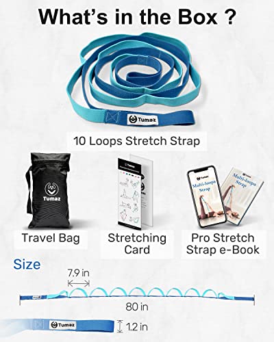 Tumaz Stretching Strap, 10-Loop Non-Elastic Yoga Strap | Designed for stretching, yoga, Pilates and rehab with 10 loops, durable webbing and a longer 79-inch design - color: Blue Classic, size: Value-Upgrade