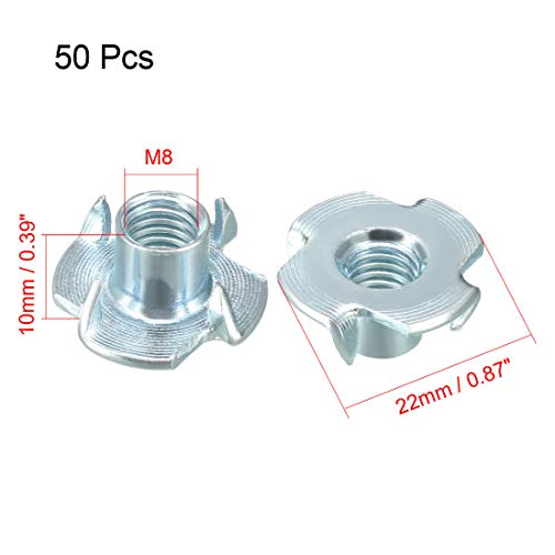 uxcell M8 4 Pronged Tee Nut T-Nut for Table Legs Rock Climbing Wall Woodwork Holds Wood Cabinetry 50Pcs - size: M8