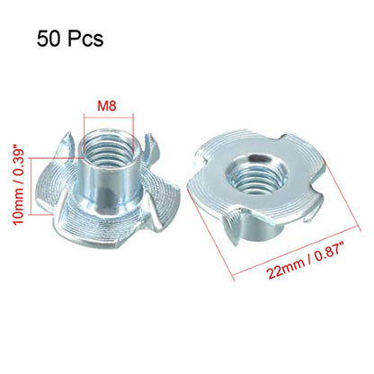 uxcell M8 4 Pronged Tee Nut T-Nut for Table Legs Rock Climbing Wall Woodwork Holds Wood Cabinetry 50Pcs - size: M8