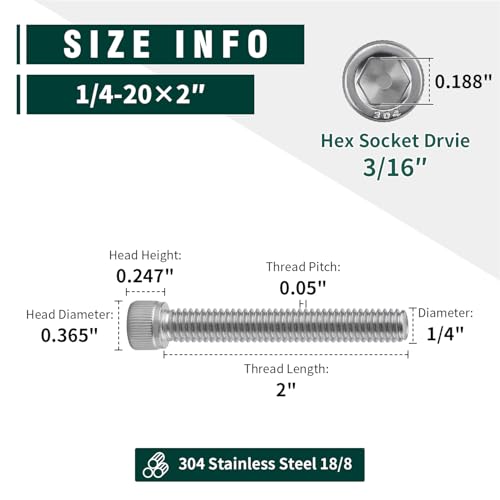 1/4-20 x 2 Socket Head Cap Screw Bolt, 304 Stainless Steel 18-8, Allen Hex Drive, Coarse Thread UNC, 10 PCS - size: 1/4-20 x 2"
