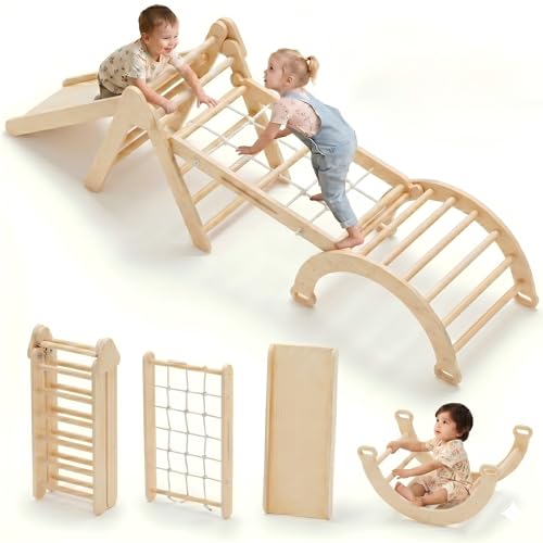 LINKHOO Pikler Triangle Set of 4, Wooden Montessori Climbing Set for Toddlers Ages 2-8, Indoor Jungle Gyms with Arch, Ramp, Ladder and Climbing Net, Natural - color: Natural, size: Large
