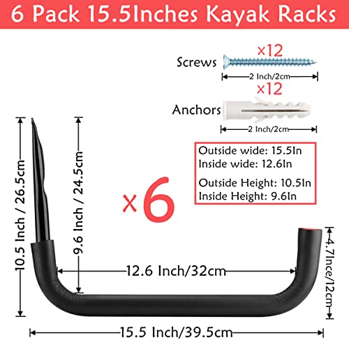 Kayak Storage Racks, Wall Mount Garage Storage Hooks for Kayaks, SUP, Paddle Boards and Surfboards, Heavy Duty Hangers - size: 15.5in-6 Pack