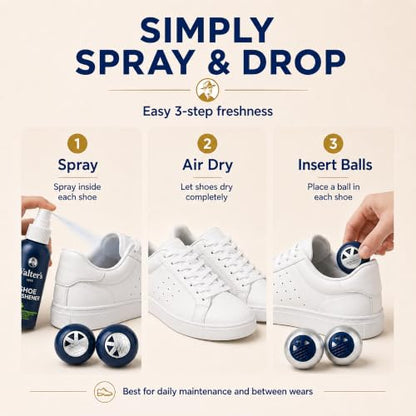 Shoe Deodorizer Spray & Odor Eliminator Kit - Shoe Spray for Smelly Shoes, Feet & Gym Bags | Peppermint Scent | Odor Removal & Shoe Cleaning Solution | 4 fl oz Spray + 2 Pairs of Deodorizer Balls
