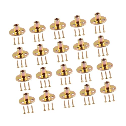 T Nuts and Screws Kit (20 Sets) - 3 Hole Round Base Fasteners for Wood Furniture & Climbing Holds, Steel with Electroplated Finish