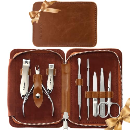 FAMILIFE Manicure Set, Nail Clippers Pedicure Tool, 8 pcs Stainless Steel Manicure Kit Professional Grooming Tool, Nail Kit with Portable Brown Leather Travel Case Luxury Gifts for Men Women - color: Brown-1