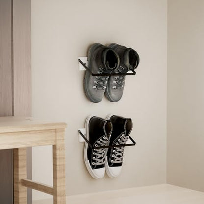 SCUNDA 2-Pack Wall Mounted Shoe Rack, Wooden & Metal Foldable Shoe Rack - Space Saving Wall Shoe Holder for Entryway, RV, Camper, Closet, Apartment, Fits Various Shoes-White