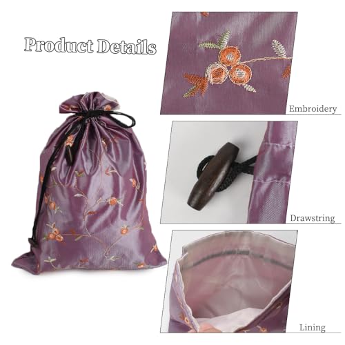 Embroidery Silk Flower Shoe Bag 4Pcs Drawstring Silk Jacquard Travel Bag Underwear Bags Washable Big Sachet Bag Storage Bags for Men Women - color: Wine red, blue, light green, light violet