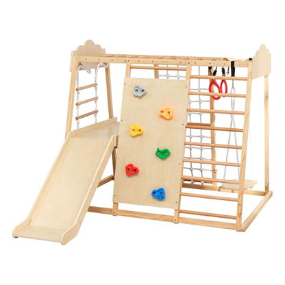 8-in-1 Wooden Indoor Jungle Gym for Toddlers, Montessori Climbing Playset with Slide, Swing, Climbing Net, Rings, Monkey Bars – Indoor Playground for Kids Ages 3-8 - size: 8-in-1