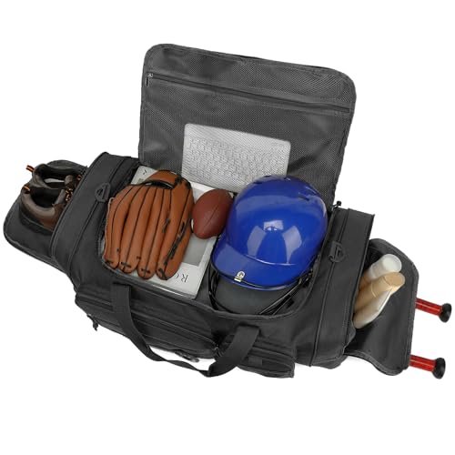 TUGUAN Large Baseball Softball Duffle Bag, 3 in 1 Baseball Equipment Duffel Backpack for Adult Youth, 65L Bat Bag with Shoes Compartment - 2 Bat Sleeves Fence Hook Hidden Dual Straps - color: Black