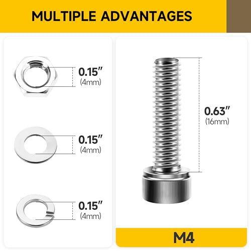 Mywish (100Sets) M4 Screws, M4 x 16mm Socket Head Cap Screws Bolts, 304 Stainless Steel Allen Socket Hex Drive Bolts, Bright Finish M4 Screw Kit with Nuts and Washers & Hex Spanner - size: M4 x 16mm