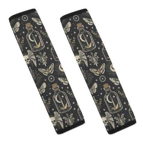 2PCS Goth Gothic Moon Moth Skull Witch Car Seat Belt Pad Universal Fit Seat Belt Covers Cushion for Kids, Car Seats Pushchair Strollers High Chair Pushchair, Easy Install (No Tool) - color: Pattern 417