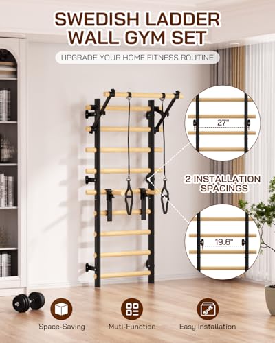 Swedish Ladder Wall Gym, Wooden Wall-Mounted Stall Bars with Pull-up Bar & Exercise Straps & Dip Bars, Stretching Ladder Full Body Home Gym Adults New - color: Black