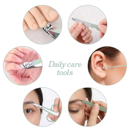 7 Pcs Manicure Set, Travel Nail Clippers with Green Leather Bag, Professional Carbon Steel Travels Nail Care Clippers, 7 in 1 Portable Travel Grooming Kit for Women Men (Green)