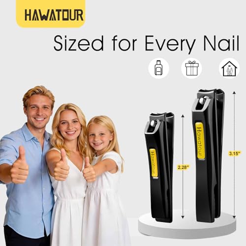 HAWATOUR Nail Clippers Set, Curved Stainless Steel Blade, Black | Professional Fingernail & Toenail Clippers, Compact Tin Case