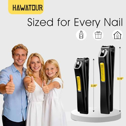 HAWATOUR Nail Clippers Set, Curved Stainless Steel Blade, Black | Professional Fingernail & Toenail Clippers, Compact Tin Case