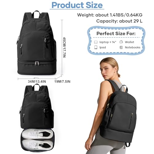 Black Gym Backpack for Women Men,Dance Sport Backpack With Shoe Compartment - color: Black