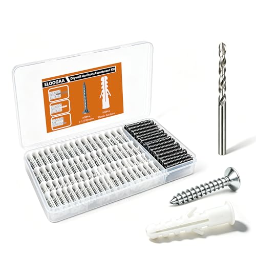 200Pcs Drywall Anchors and Screws Kit, 100Pcs Ribbed Plastic Wall Anchors with 100Pcs 1-1/5" Screws & Drill Bit, Heavy Duty Anchors for Hanging Pictures, Shelves, Home Mounting - size: 1-1/5 inch