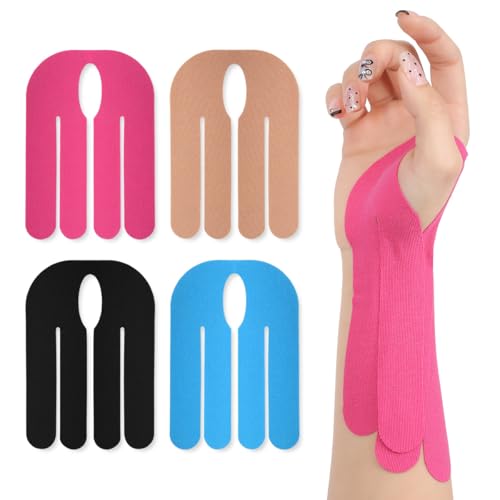 4 Pack Kinesiology Tape 4 Colors Wrist Support Tape Breathable Elastic Pre-Cut Bowling Thumb Tapes for Thumb Joint Pain Relief Arthritis Pain Baseball Soccer Sports Muscle Pains