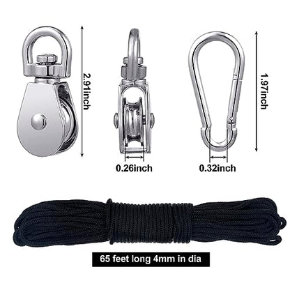 Shappy Pulley Block System Set, M20 Pulley Wheel Stainless Steel with 66ft Nylon Rope and Hooks, Swivel Lifting Wire Rope Cable Roller for Lifting Hanging(42 Pcs)