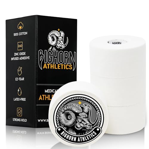 Bighorn Athletics Sports Tape 1.5-Inch x 45-Feet, 4 Rolls, White | Supports wrists & ankles in Volleyball, Football, Boxing, Gymnastics. EZ tear tape, Zinc oxide adhesive, peels off clean. - color: White, size: 1.5-Inch