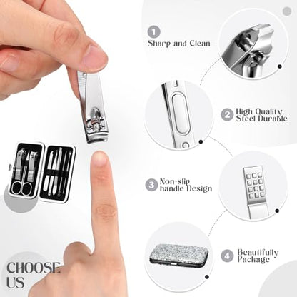Geosar 12 Set 8 in 1 Manicure Kit Gifts Stainless Steel Nail Clippers Set Pedicure Care Tools with Leather Case Travel Portable Grooming Kit for Women Men Nurse Hands Foot(Glitter Silver) - color: Glitter Silver