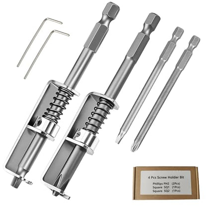 Spring Loaded Screw Holder Bit, 4 PCS Anti-drop Screwdriver Bit Holder | Screwdriver with Screw Holder for Grip Screws in Overhead or One Handed Positions, Electricians, DIY Repair(Phillips+Square)