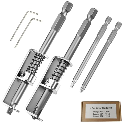 Spring Loaded Screw Holder Bit, 4 PCS Anti-drop Screwdriver Bit Holder | Screwdriver with Screw Holder for Grip Screws in Overhead or One Handed Positions, Electricians, DIY Repair(Phillips+Square)