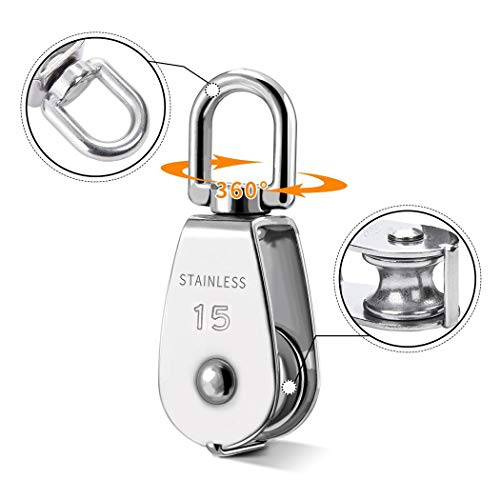 TooTaci 15mm Crane Pulley Block Swivel Hook Single Pulley Block Hanging Wire Towing Wheel 304 Stainless Steel - 20 Meter Nylon Pulley Line Rope & Carabiner Snap Hook Clips - 2Pcs - size: 4MMrope*M15*2