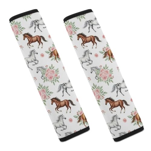 2 Piece Universal Fit Seat Belt Cover for Adult Use, Most Cars, Floral Horse White Seat Belt Covers Cushion, Shock Absorption - color: Pattern 807