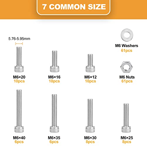 VIGRUE 180Pcs M6 Stainless Bolt Kit, M6x12/16/20/25/30/35/40mm Hex Socket Head Cap Screws Nuts Washers Assortment, Full UNC Thread - size: m6 socket stainless 12-40mm