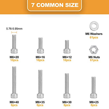 VIGRUE 180Pcs M6 Stainless Bolt Kit, M6x12/16/20/25/30/35/40mm Hex Socket Head Cap Screws Nuts Washers Assortment, Full UNC Thread - size: m6 socket stainless 12-40mm