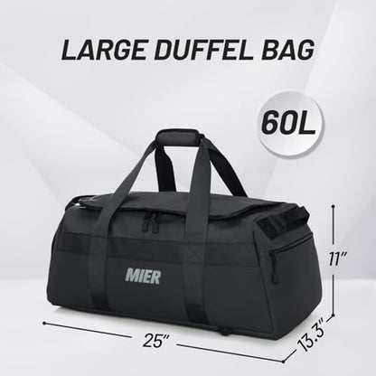 MIER Men's 60L Gym Duffle Bag Large Weekender Travel Duffel Backpack, Black | Spacious Shoe Compartment; Convertible Duffel with Back Pack Straps; Heavy-Duty & Water-Resistant; Traveling Overnight Gear - color: Black