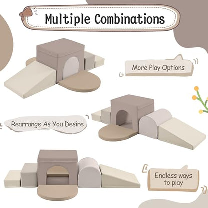 Merax Indoor Soft Foam Tunnel Climber, Toddler Climbing Toys with Tunnel, Steps and Ramp, Soft Climb and Crawl Playset Baby Soft Foam Blocks, 7-piece - color: Cappuccino
