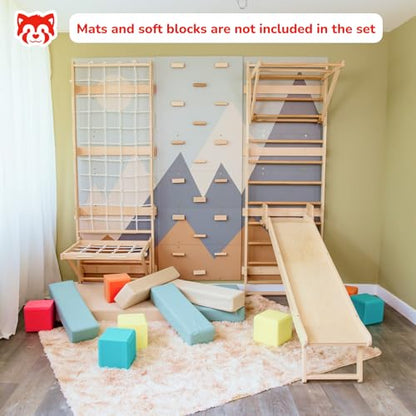 WoodandHearts 5in1 Modular Swedish Wall Gym Set for Kids Indoor Active Play – Wooden Swedish Ladder with Adjustable Pull-Up Bar, Rock Climbing and Slide (Base Set+Step-Down Slide+Sit-Up Bar) - style: Base Set + Step-Down Slide + Sit-Up Bar