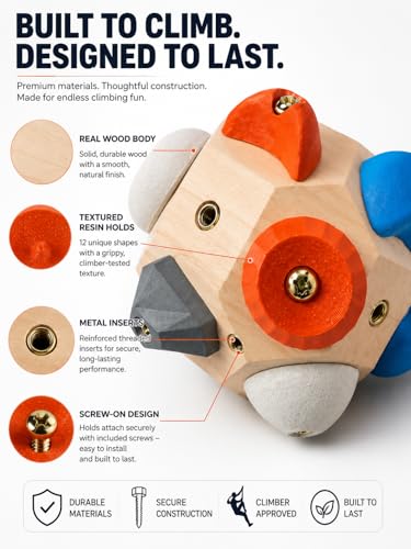Wooden Climbing Hold Block for Climbers, Portable Finger Grip Trainer with Resin Holds, Rock Climbing Practice Toy Gift