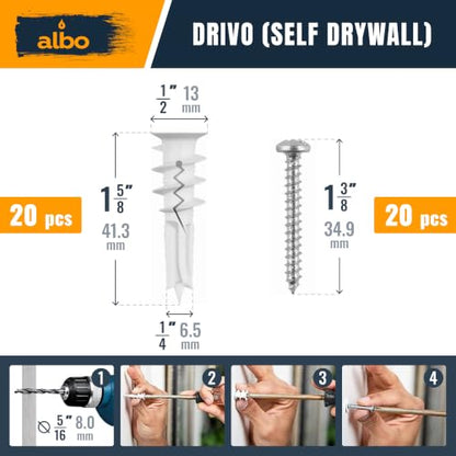 ALBO Drywall Anchor Kit with Screws - 120 Pcs Hollow Wall Set (Grey Butterfly, White Butterfly, Self Drilling, Screws) - Plastic Anchors for Drilling Hollow Walls - color: Kit 3in1