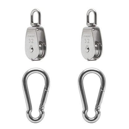 2X 304 Stainless Steel M32 Single Swivel Rope Pulley Blocks with Snap Hooks | 360° anti-twist swivel pulley. For lifting, towing & hanging wire rope on crane/outdoor. Has spring snap hooks for fast fit - size: M32-2pcs