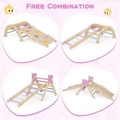 HONEY JOY Pikler Triangle Set, 9 in 1 Foldable Wooden Triangle Climber w/Arch, Ramp, Climbing Rope & Ladder, Baby Indoor Playground Jungle Gym, Montessori Climbing Toy for Toddlers (Purple) - color: Purple