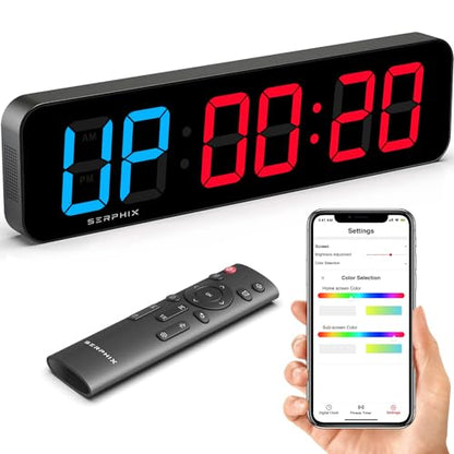 15.2" Gym Timer, Large Digital Gym Clock Wall with App & Remote Control, Customizable LED Colors, Count Down & Up, Stopwatch, Digital Timer for Fitness Classroom Home Garage Outdoor