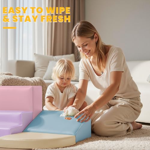 Hoohtoot Foam Climbing Blocks for Kids: 6-Piece Soft PU Leather Set - Indoor Climbing and Crawling Toys Play Gym - Kids Learning Play Structure for Preschool - style: Yellow/Pink