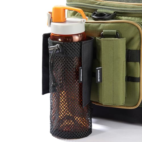 BASSDASH Tactical Molle Water Bottle Pouch with Carabiner Foldable Mesh Holder Bag for Travel Fishing Hunting Hiking Outdoor Activities - color: Black with Molle Straps