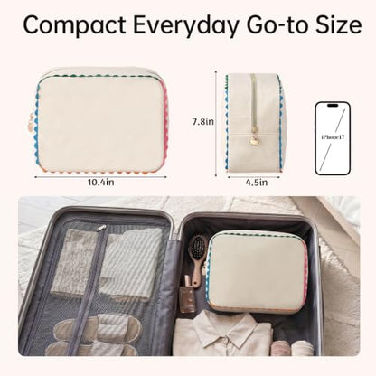 Canvas Makeup Bag for Women | Rainbow Rick Rack Trim,Mahjong Tile Travel Toiletry Organizer,Everyday Use, Beach and Gift for Girlfriend - color: Natural+Rainbow